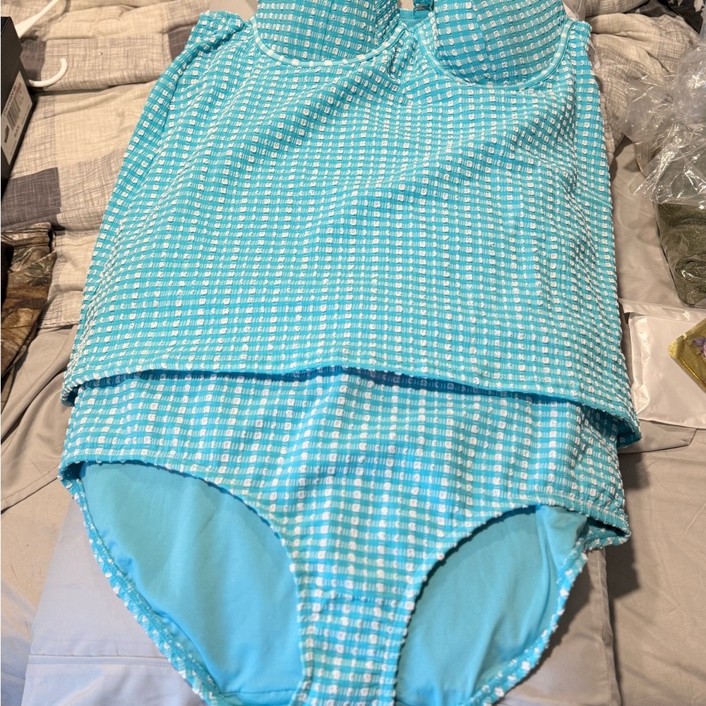 NWT Lane Bryant Blue and White Bikini Swimsuit with Gingham Pattern
